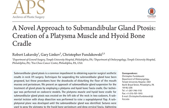 Screenshot of an academic paper: A Novel Approach to Submandibular Gland Ptosis: Creation of a Platysma Muscle and Hyoid Bone Cradle