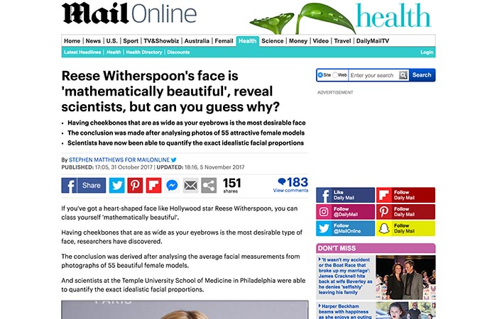 Screenshot of an article: Reese Witherspoon's face is 'mathematicaly beautiful', reveal scientists, but can you guess why?