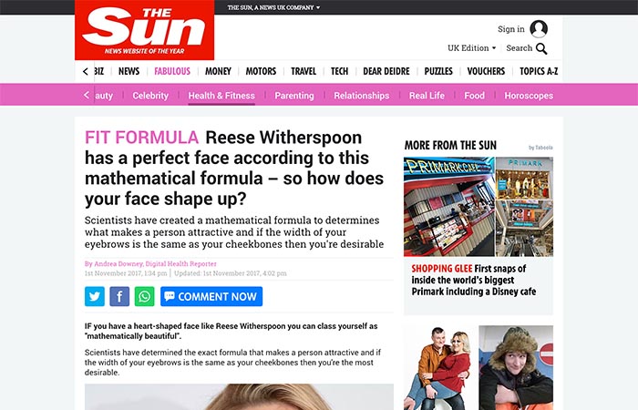 Screenshot of an article in The Sun magazine: Reese Witherspoon has a perfect face according to this mathematical formula - so how does your face shape up?