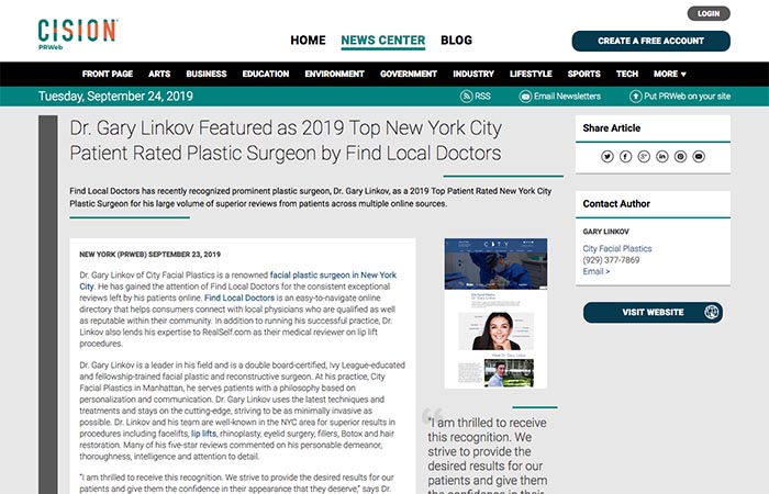 Screenshot of an article - Dr Gary Linkov Featured as 2019 Top New York City Patient Rated Plastic Surgeon by Find Local Doctors