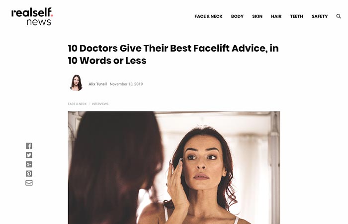 Screenshot of an article - 10 Doctors Give Their Best Facelift Advice, in 10 Words or Less