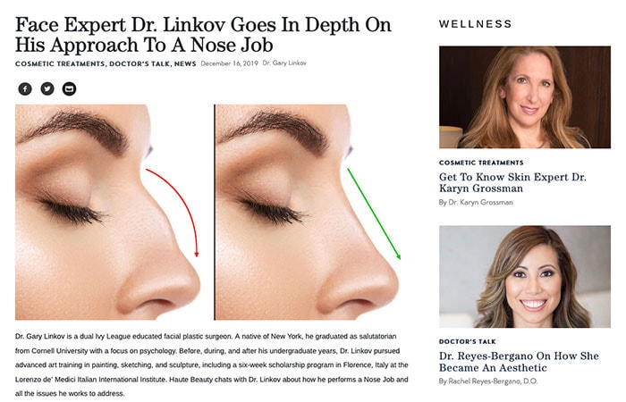 Screenshot of article: Face Expert Dr. Linkov Goes In Depth On His Approach To A Nose Job