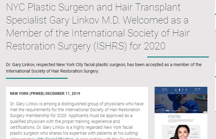 Screenshot of an article - NYC Plastic Surgeon and Hair Transplant Specialist Gary Linkov M.D. Welcomed as a Member of the International Society of Hair Restoration Surgery (ISHRS) for 2020
