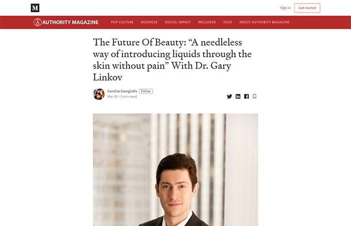 Screenshot of article: The Future Of Beauty: “A needleless way of introducing liquids through the skin without pain” With Dr. Gary Linkov