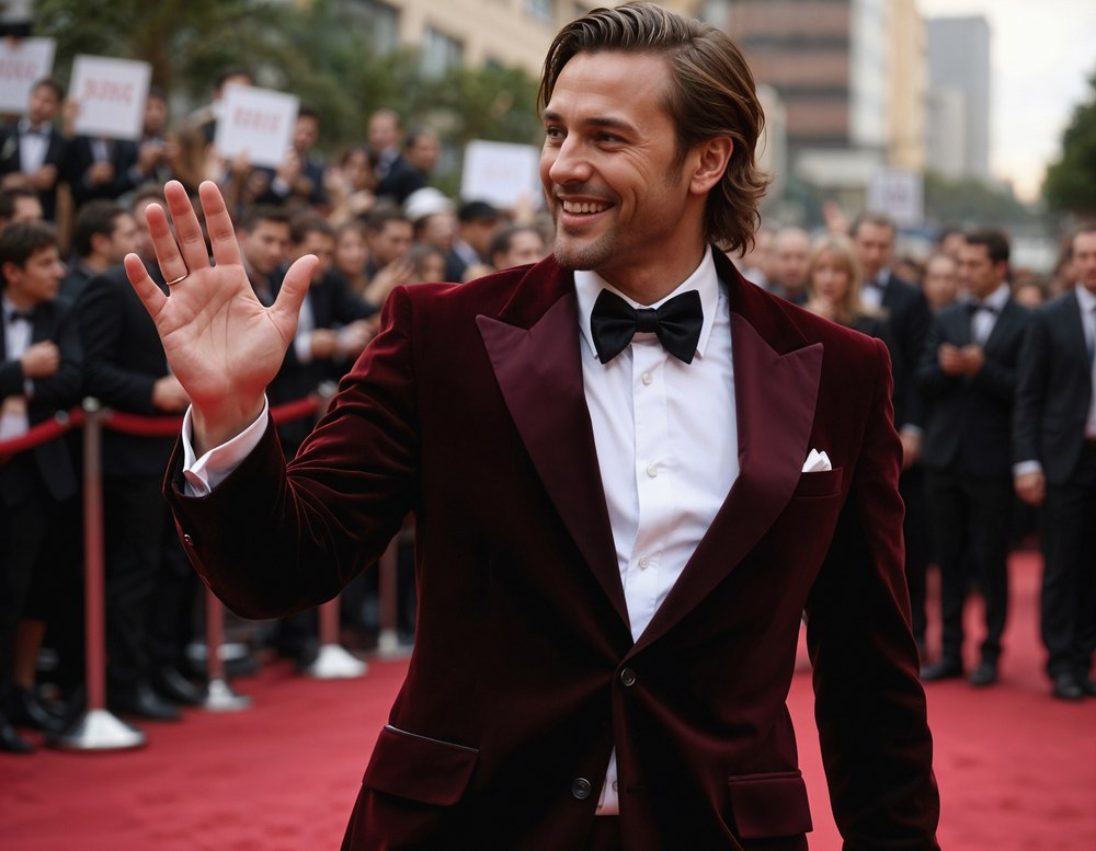 A person in a tuxedo waving