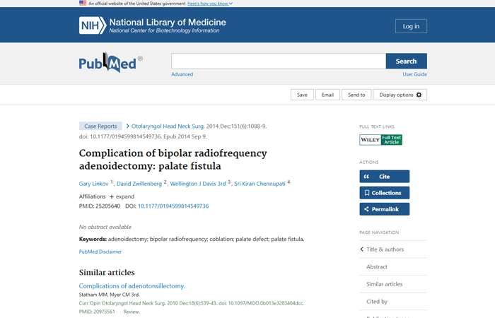 Complication of bipolar radiofrequency adenoidectomy: palate fistula