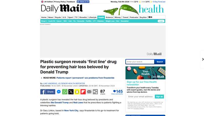 Plastic surgeon reveals 'first line' drug for preventing hair loss beloved by Donald Trump