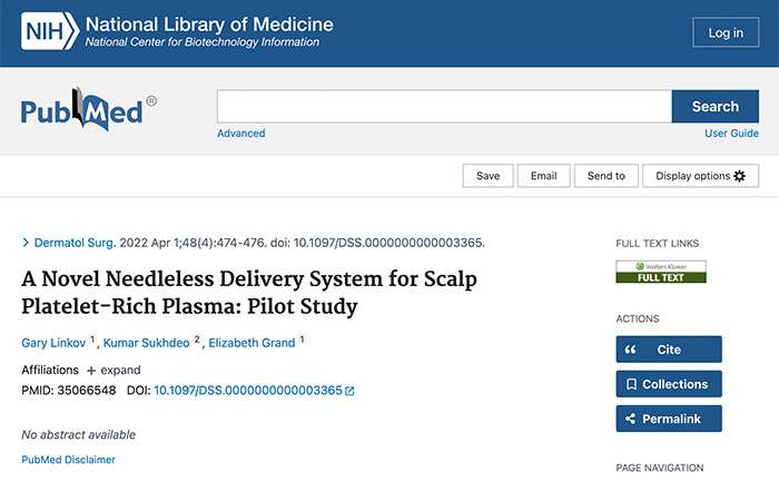 A Novel Needleless Delivery System for Scalp Platelet-Rich Plasma- Pilot Study