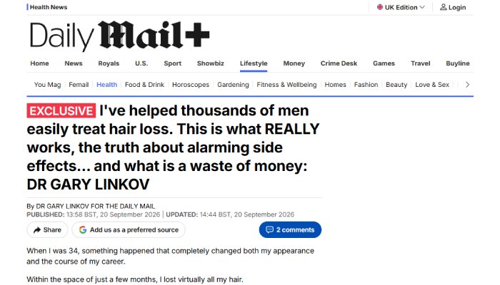 I've helped thousands of men easily treat hair loss. This is what REALLY works, the truth about alarming side effects... and what is a waste of money DR GARY LINKOV